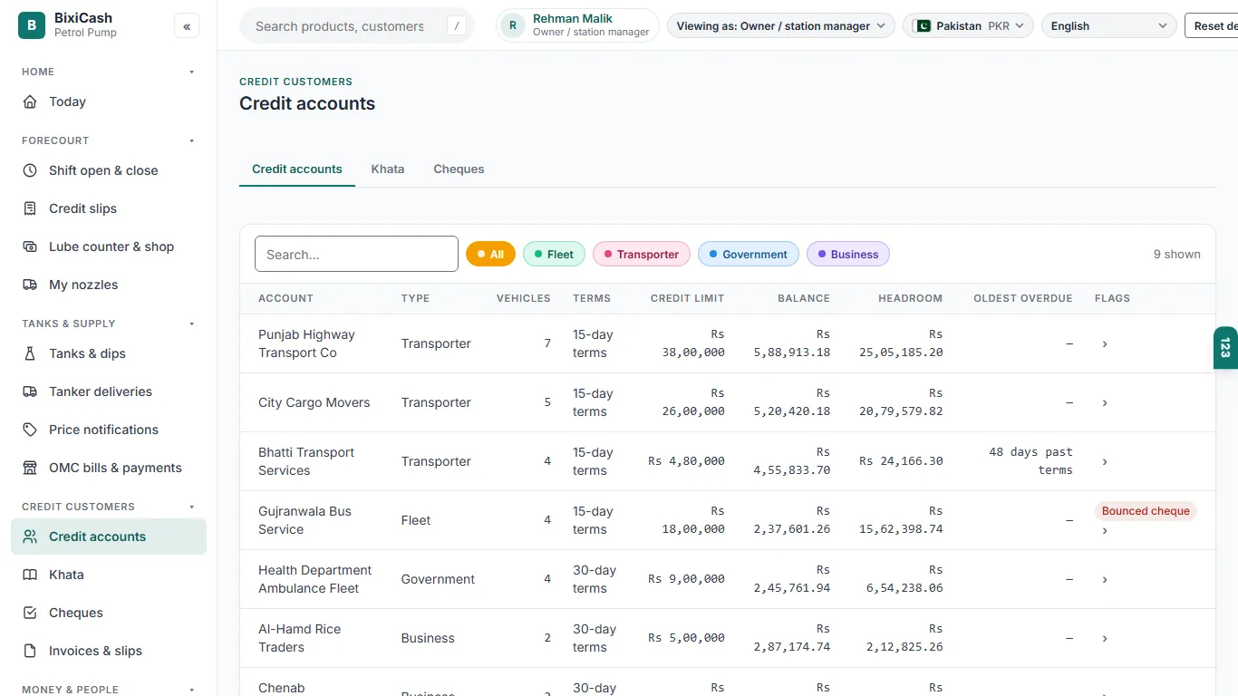 Credit accounts for transporters and fleets