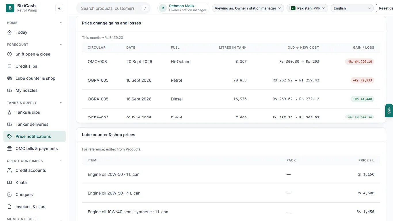 Tank stock revalued on each price change, gain or loss by circular