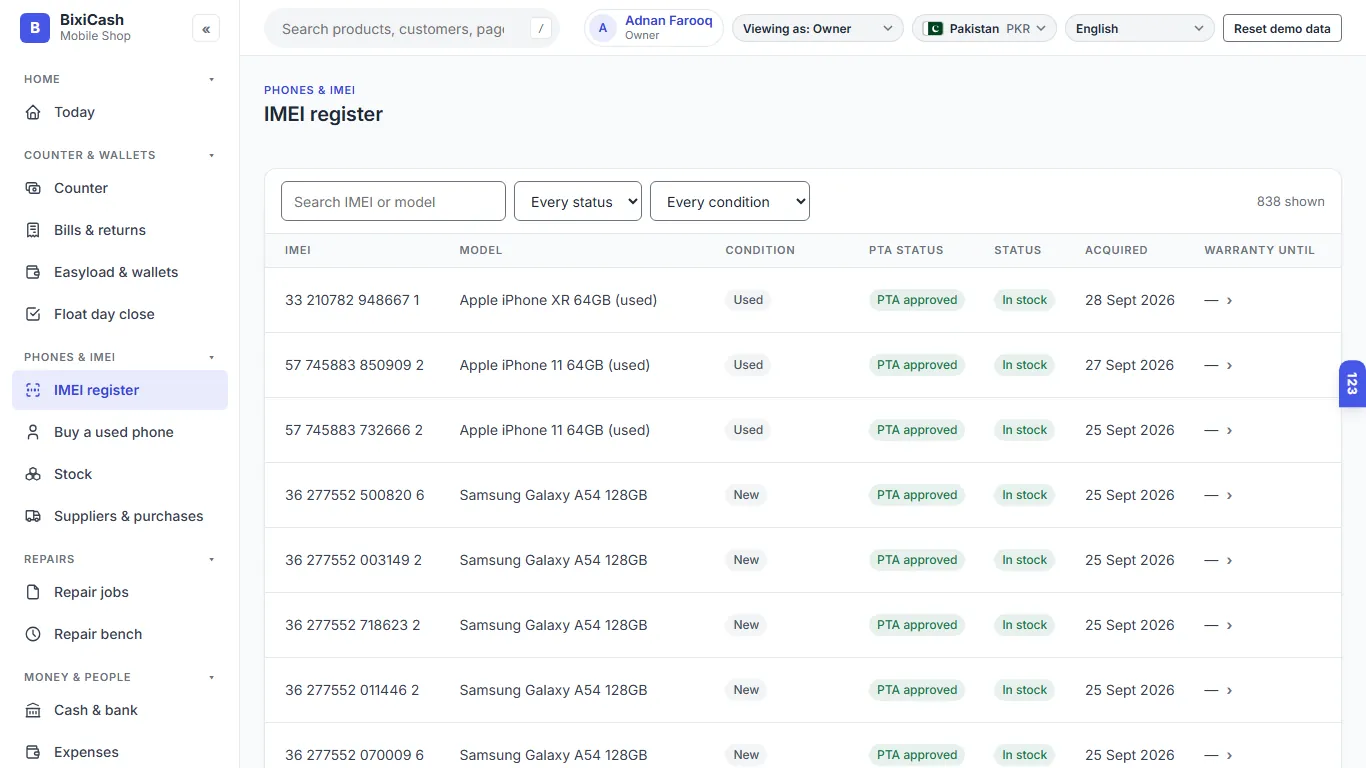 The IMEI register with PTA status and warranty