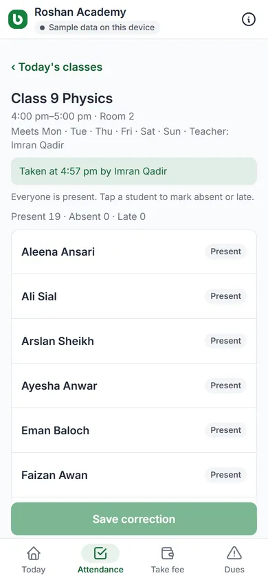A class register: everyone present, tap to mark absent or late
