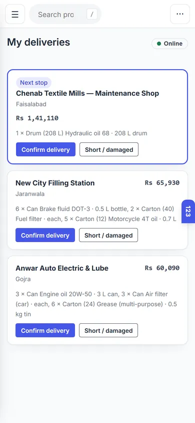 The driver's deliveries on a phone