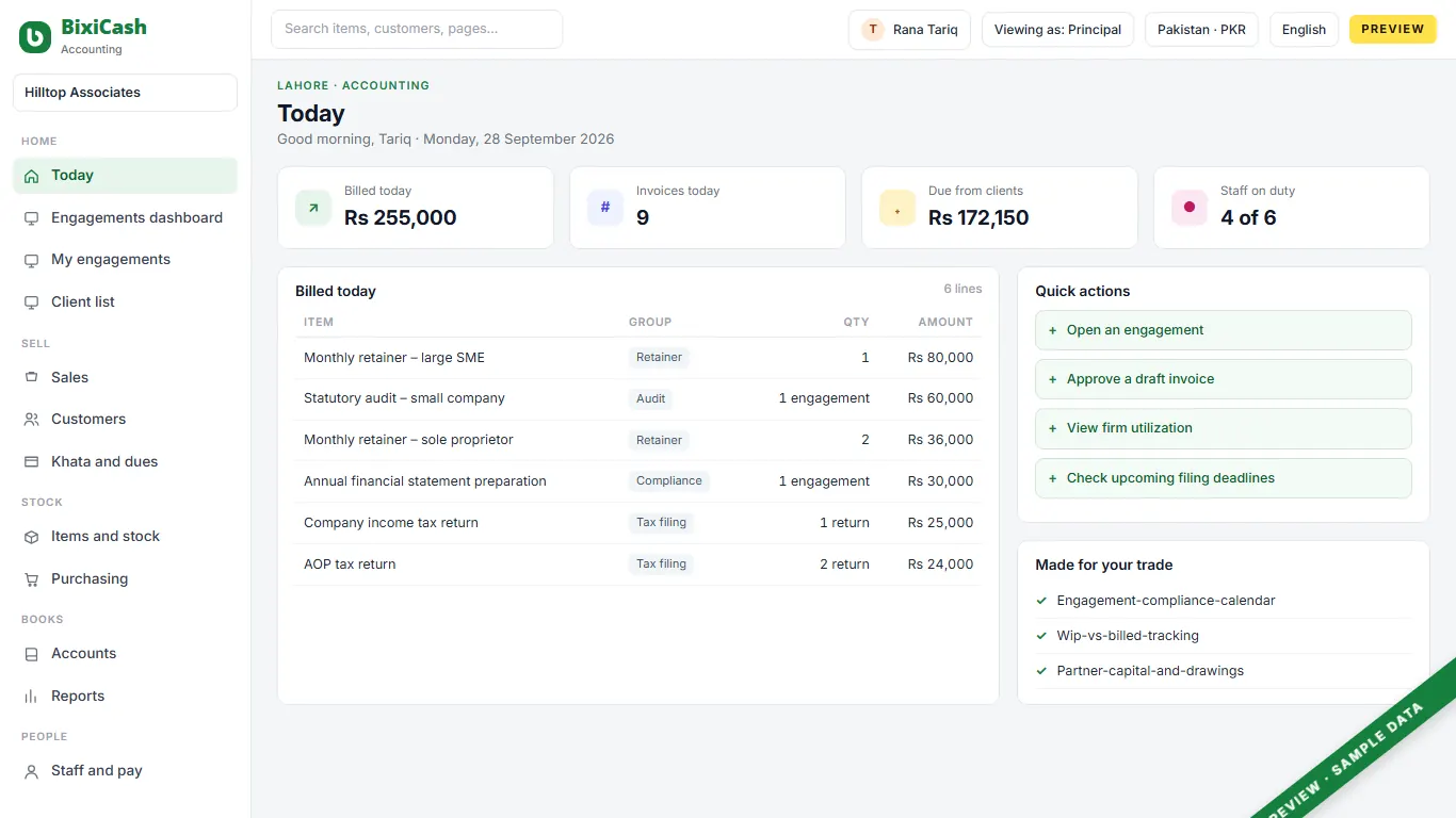 A preview of the accounting firm screen, with sample data