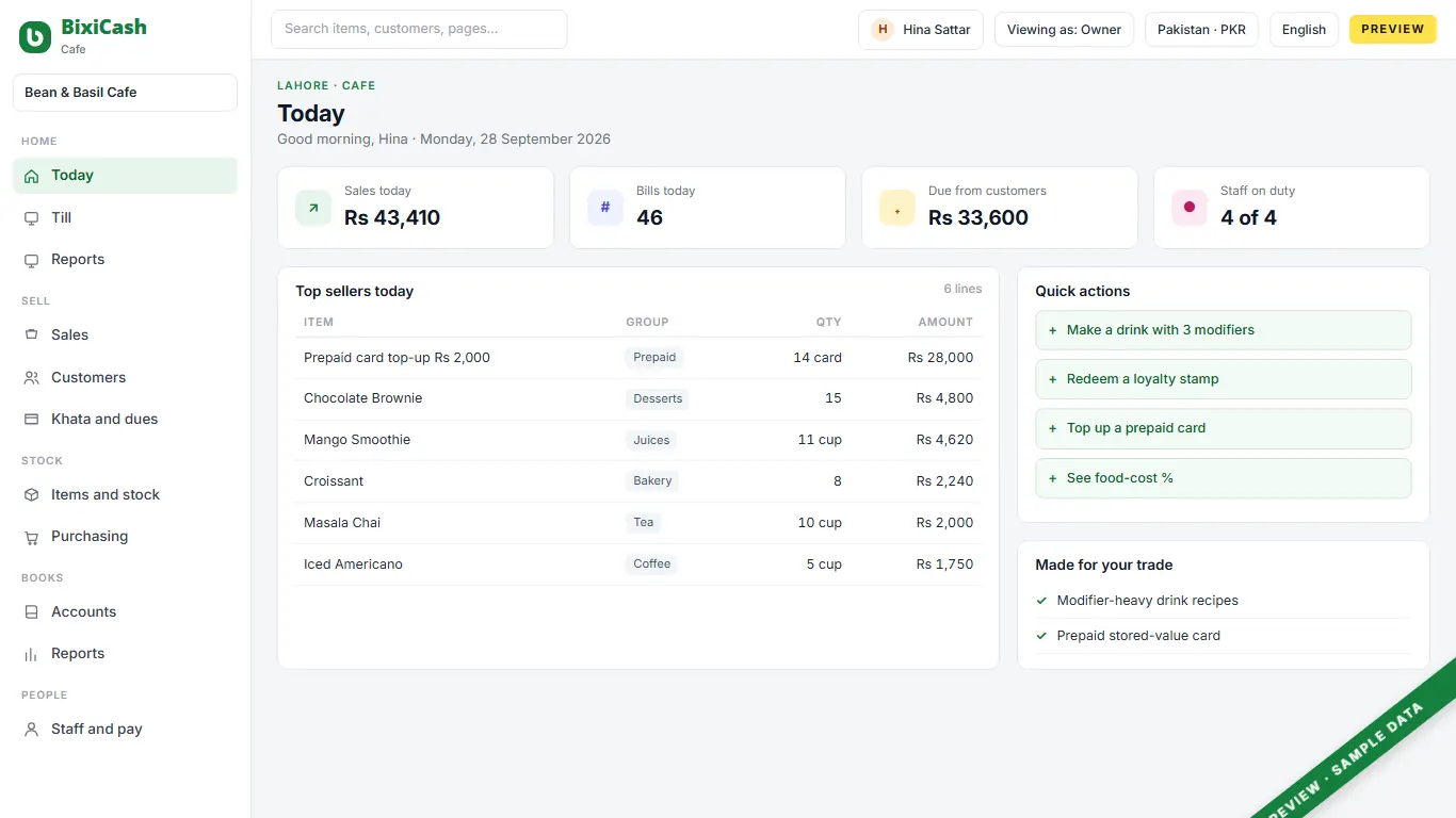 A preview of the cafe screen, with sample data