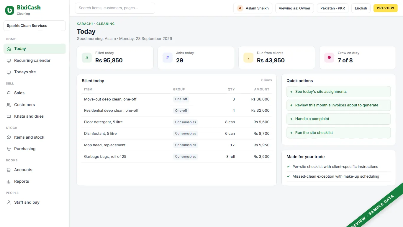 A preview of the cleaning company screen, with sample data