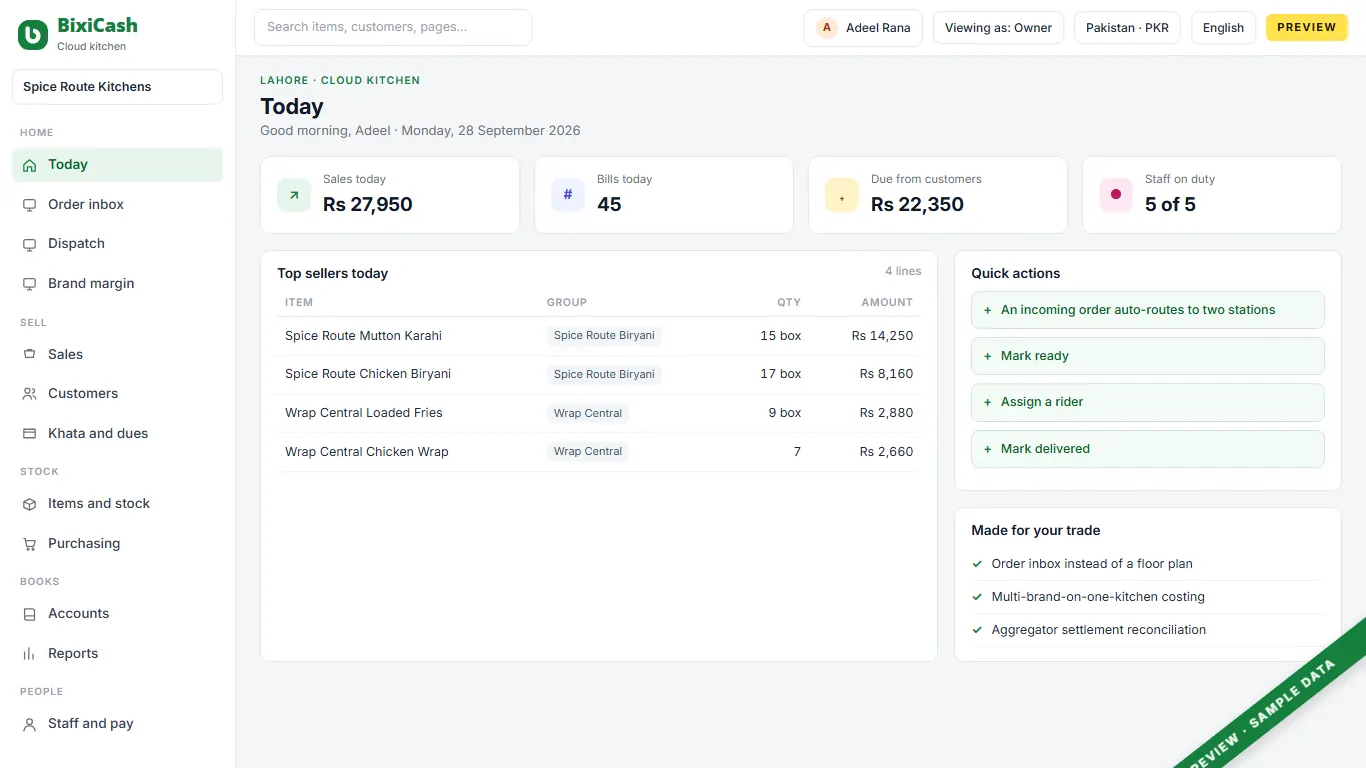 A preview of the cloud kitchen screen, with sample data