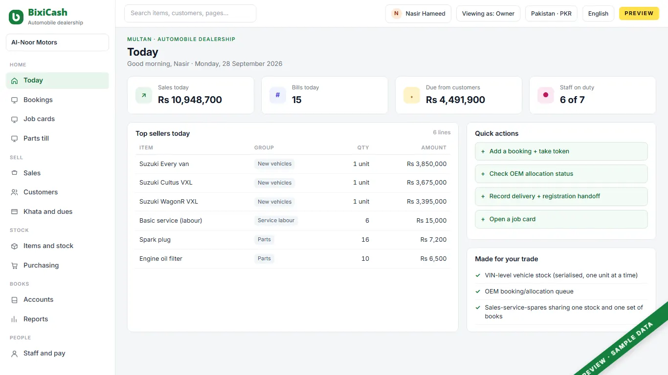 A preview of the car dealership screen, with sample data