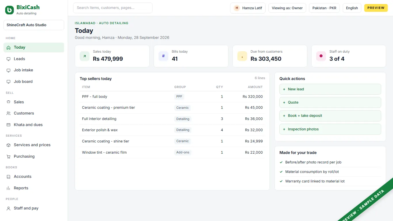 A preview of the detailing studio screen, with sample data