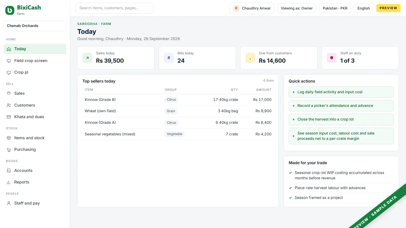 A preview of the farm screen, with sample data