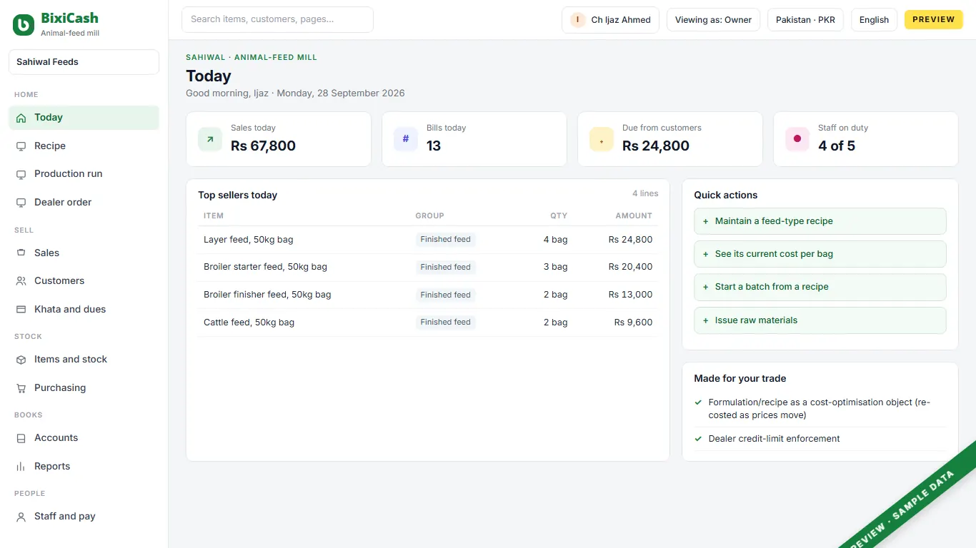 A preview of the feed mill screen, with sample data