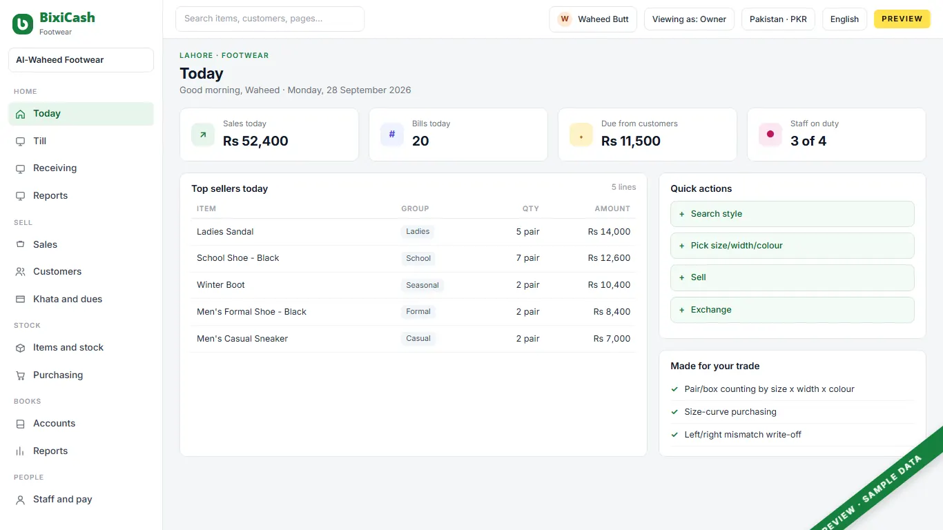 A preview of the shoe store screen, with sample data