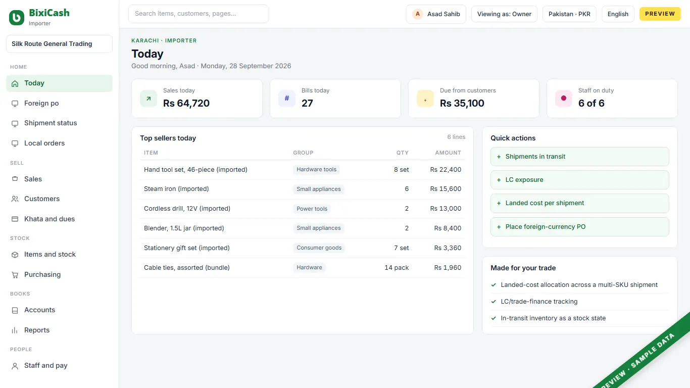 A preview of the general trading company screen, with sample data