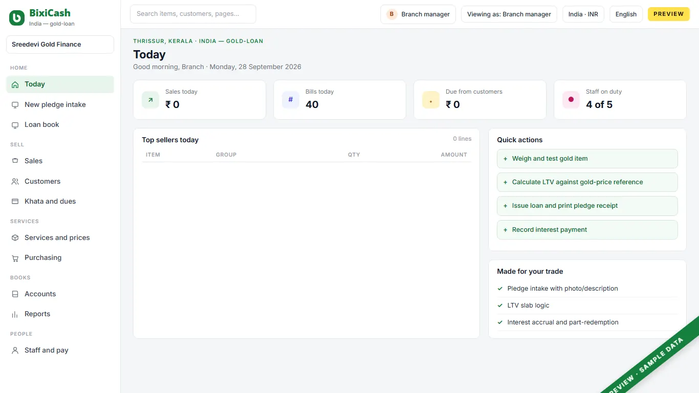A preview of the gold-loan shop screen, with sample data