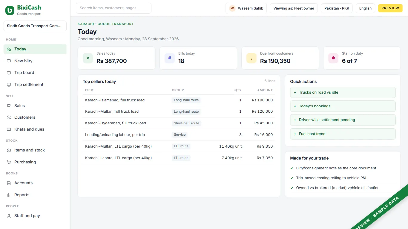 A preview of the goods transport company screen, with sample data