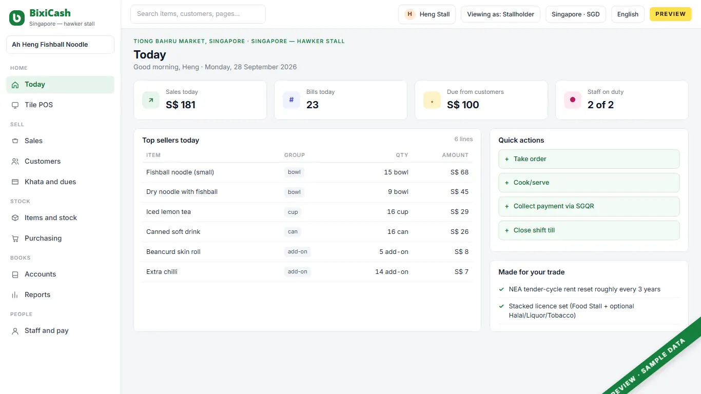 A preview of the hawker stall screen, with sample data