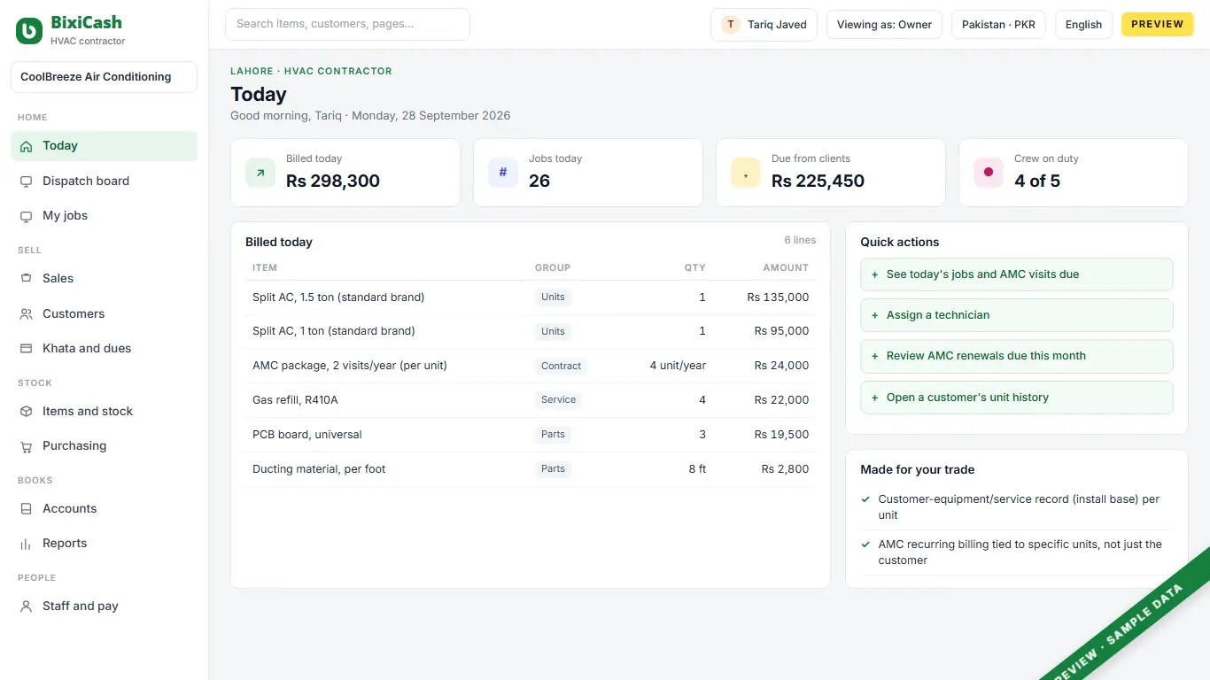 A preview of the hvac contractor screen, with sample data