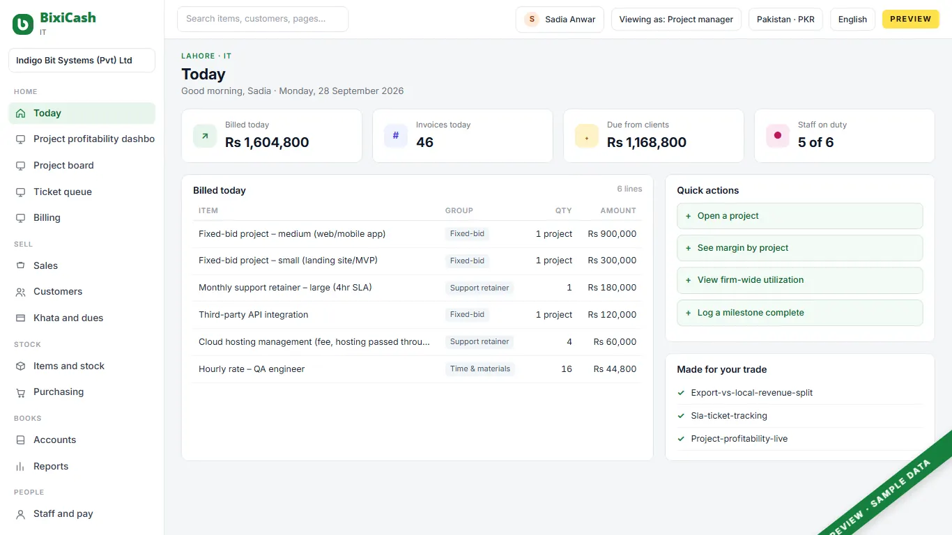 A preview of the it consulting firm screen, with sample data