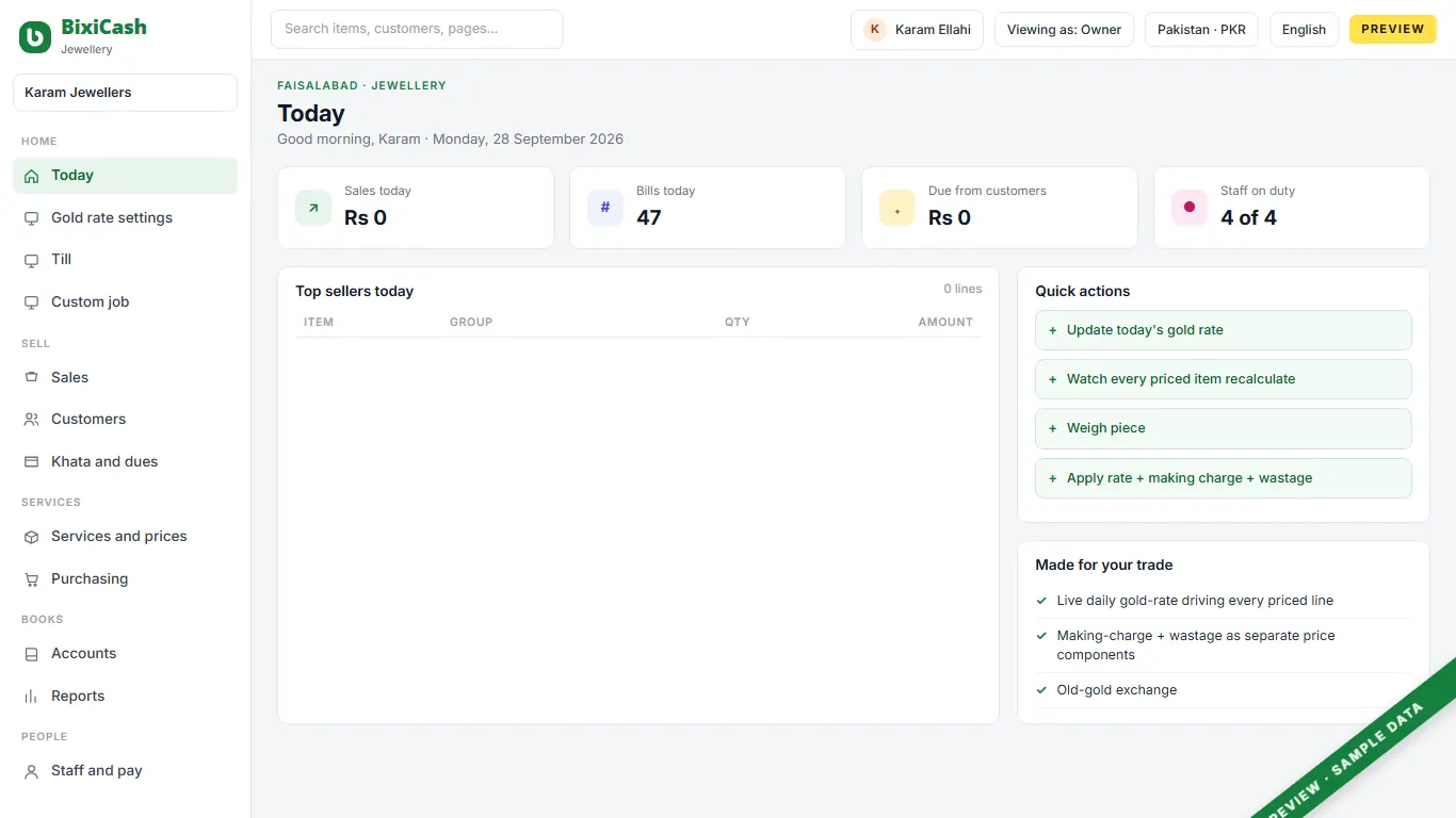 A preview of the jewellery shop screen, with sample data