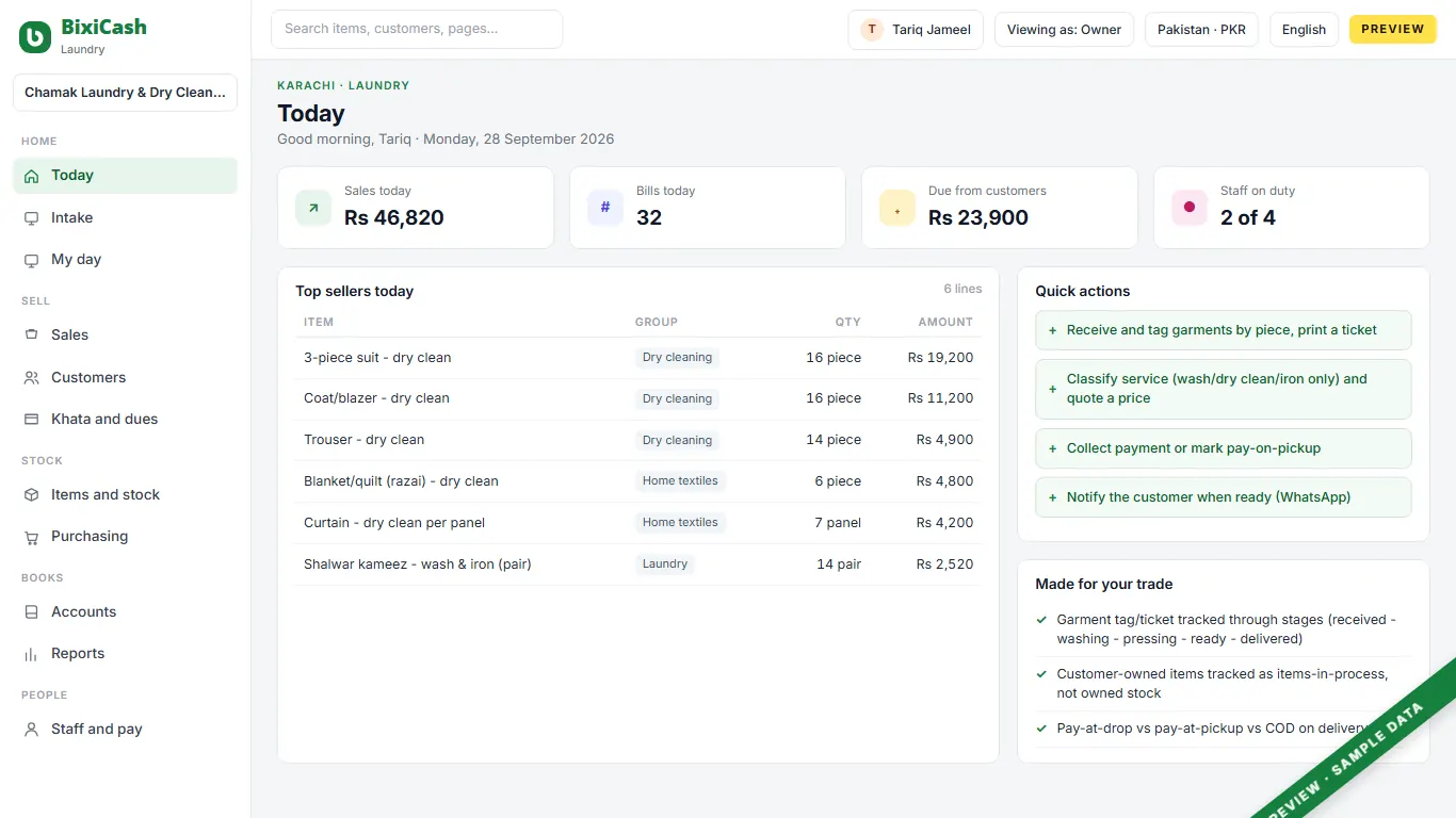 A preview of the laundry screen, with sample data