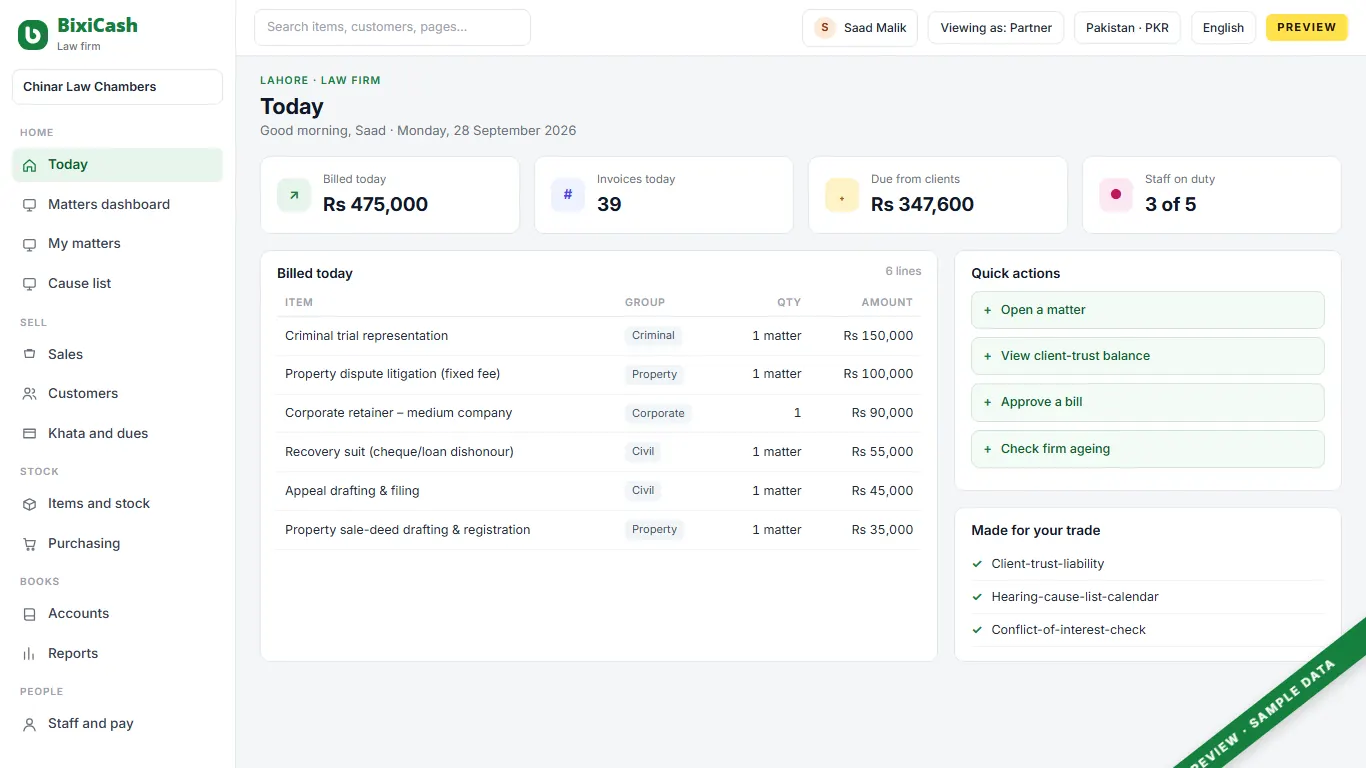 A preview of the law firm screen, with sample data