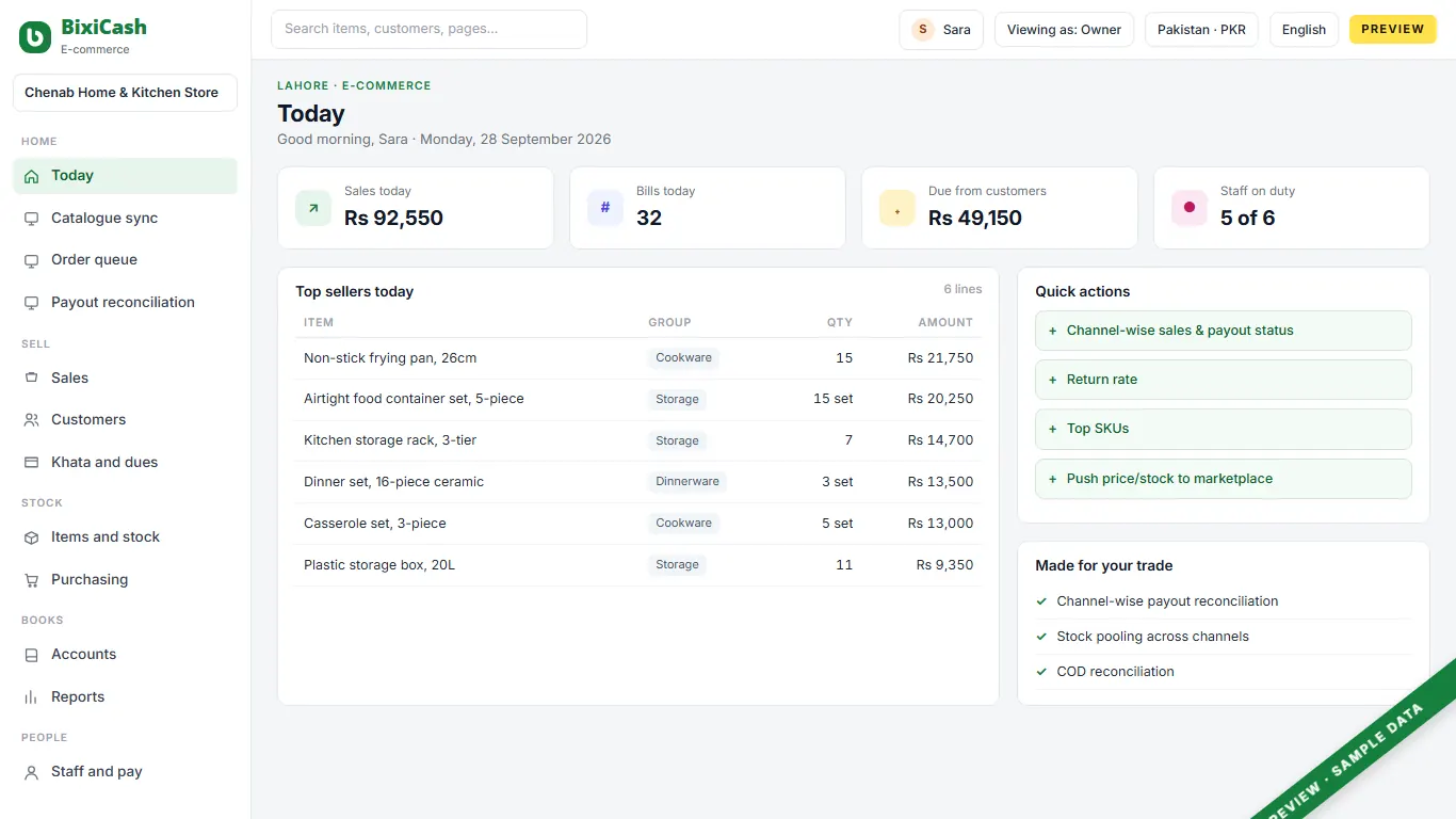 A preview of the marketplace seller screen, with sample data