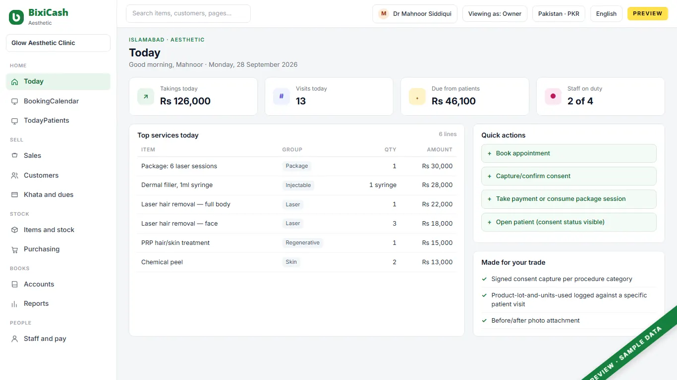 A preview of the medical spa screen, with sample data
