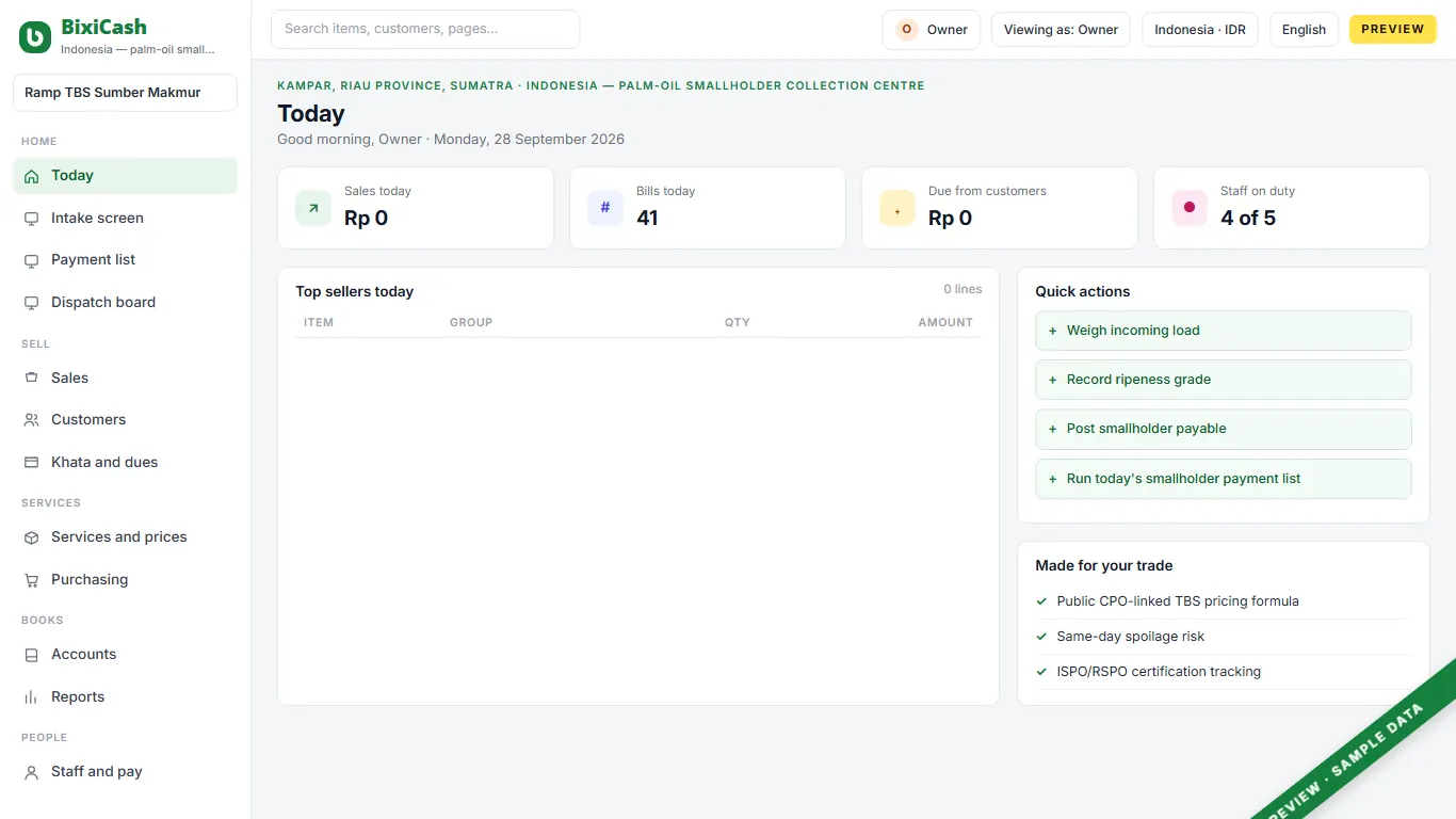 A preview of the palm-oil collection centre screen, with sample data