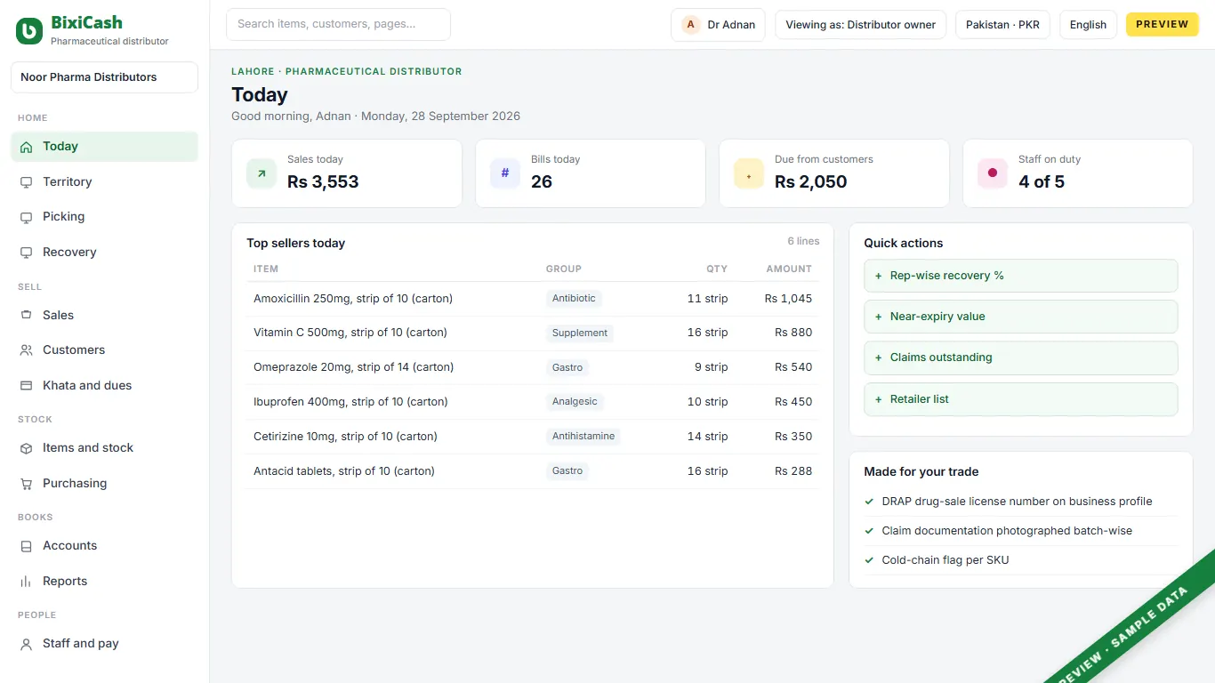 A preview of the pharmaceutical distributor screen, with sample data