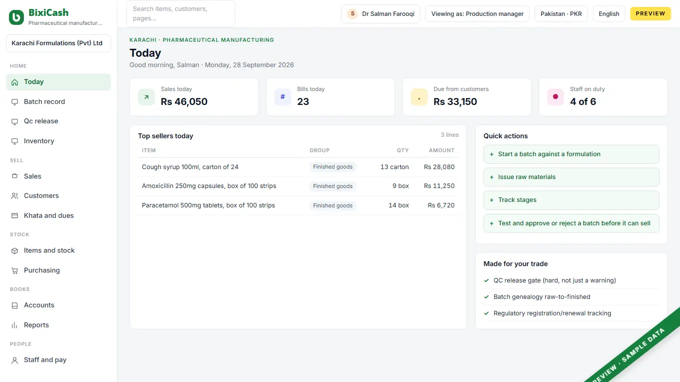 A preview of the pharmaceutical manufacturer screen, with sample data