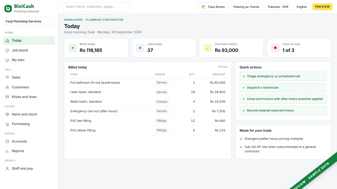 A preview of the plumbing contractor screen, with sample data
