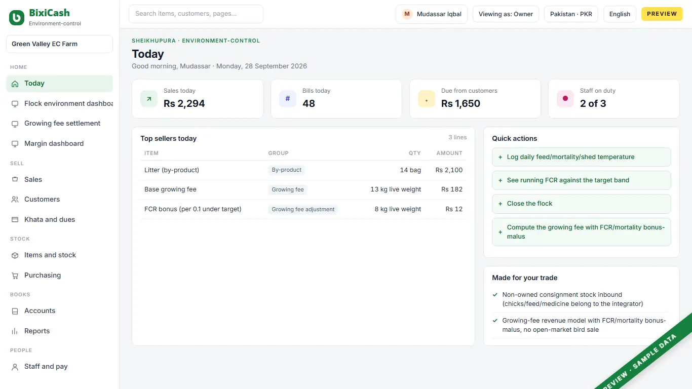 A preview of the contract broiler shed screen, with sample data