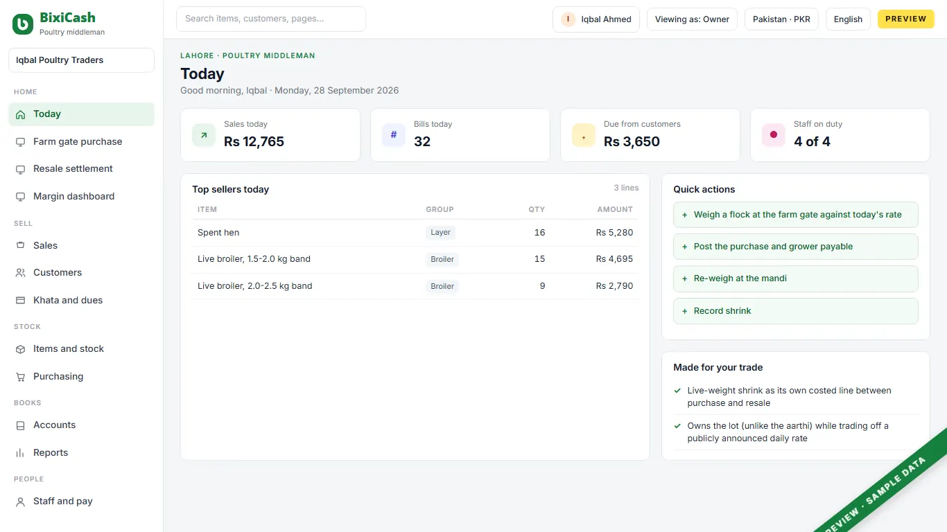 A preview of the live-bird trader screen, with sample data