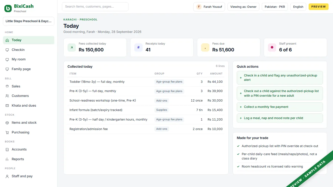 A preview of the preschool screen, with sample data
