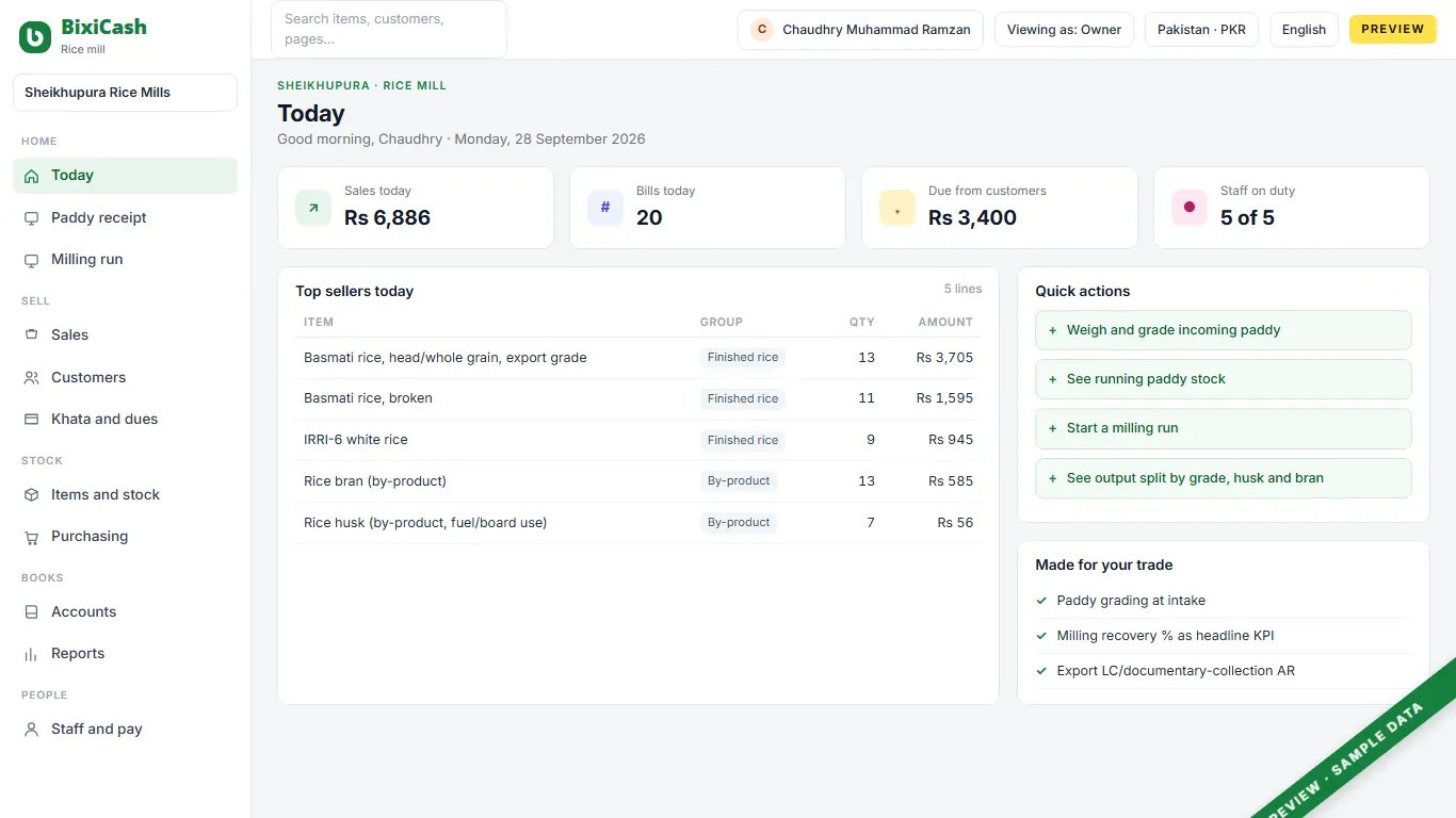 A preview of the rice mill screen, with sample data