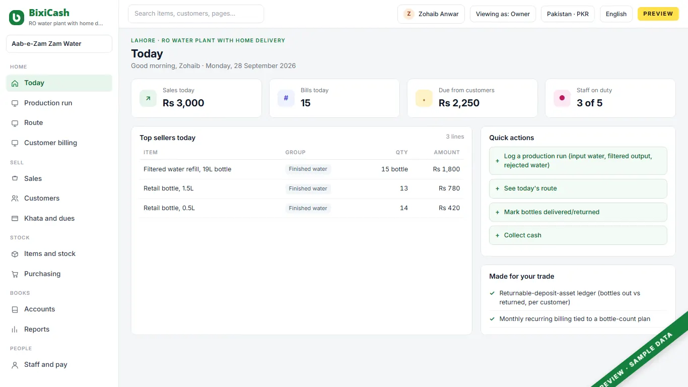 A preview of the ro water plant screen, with sample data