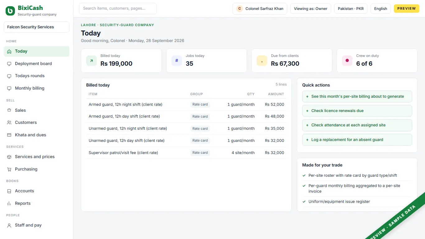 A preview of the security guard company screen, with sample data
