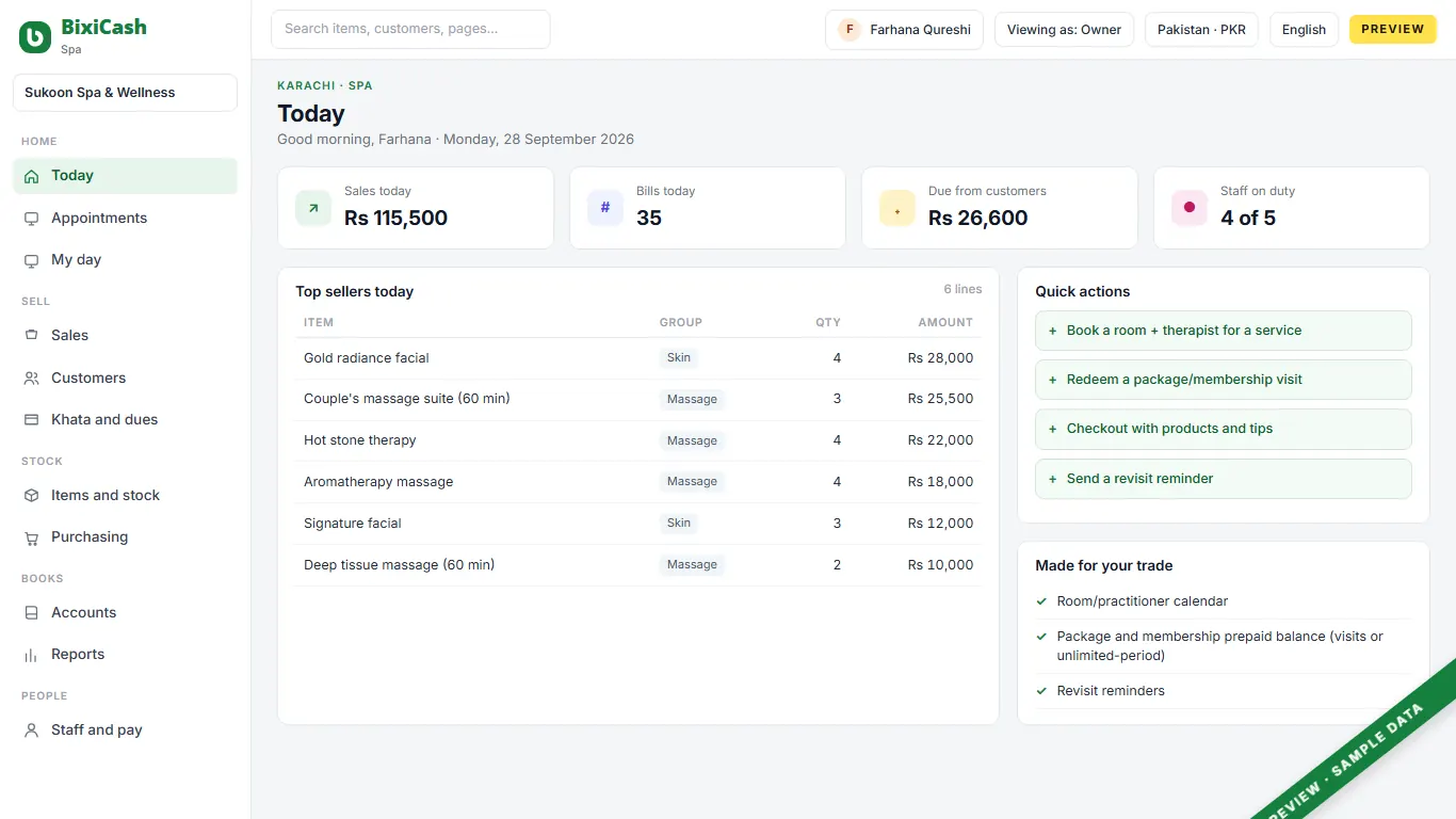 A preview of the spa screen, with sample data