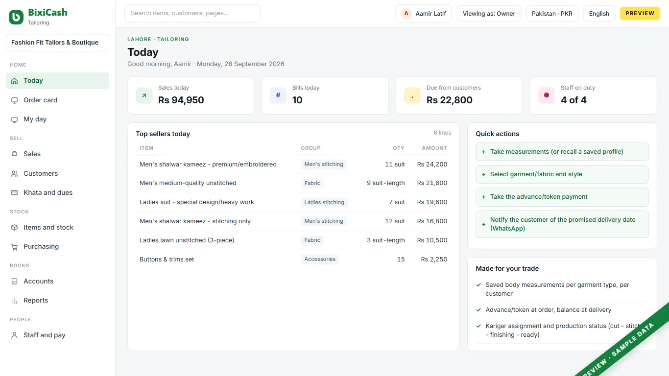 A preview of the tailor screen, with sample data