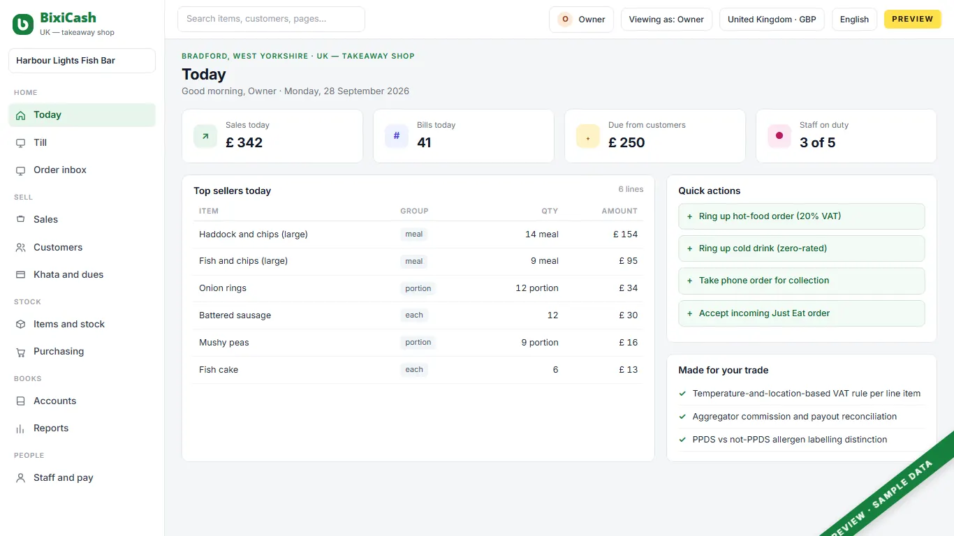A preview of the takeaway shop screen, with sample data