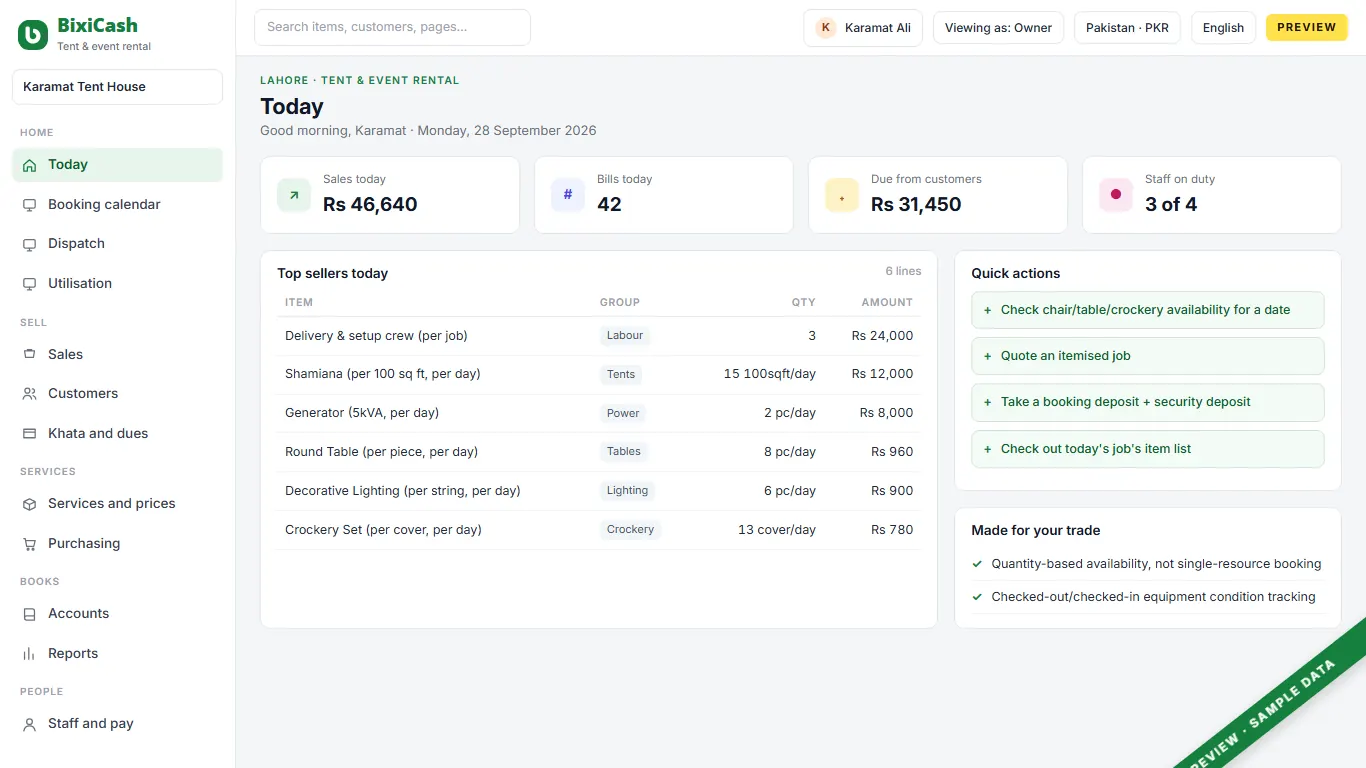 A preview of the tent & event rental screen, with sample data
