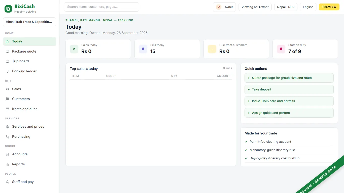 A preview of the trekking agency screen, with sample data