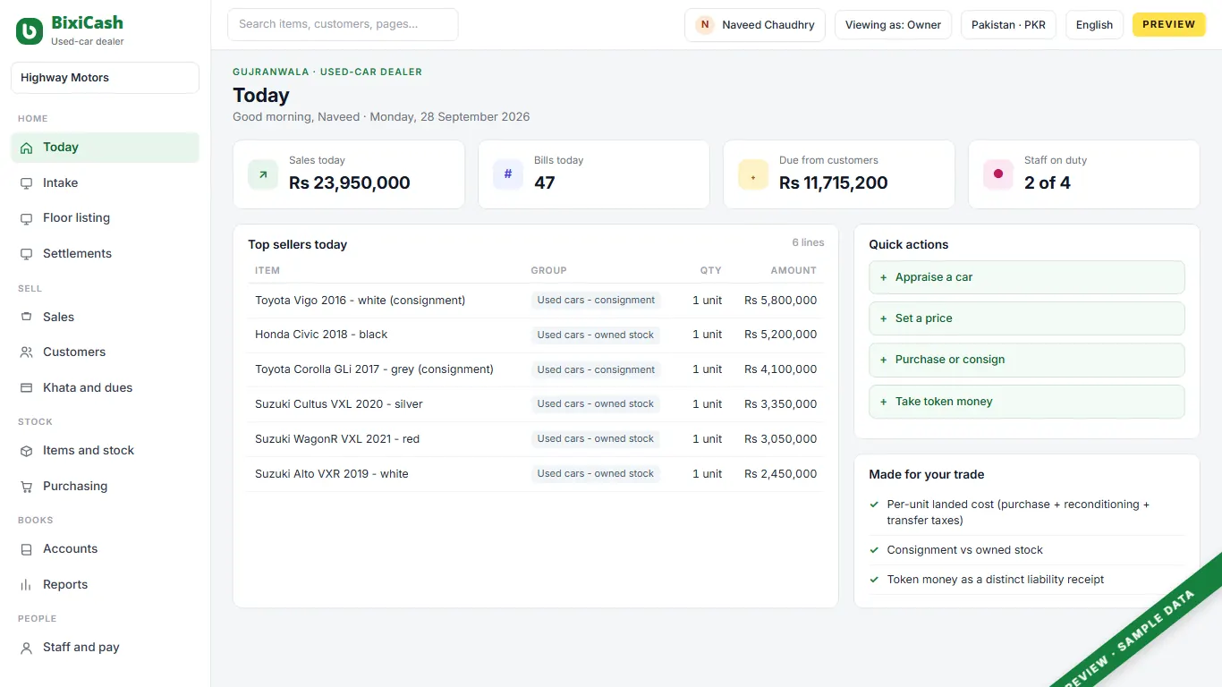 A preview of the used-car dealer screen, with sample data