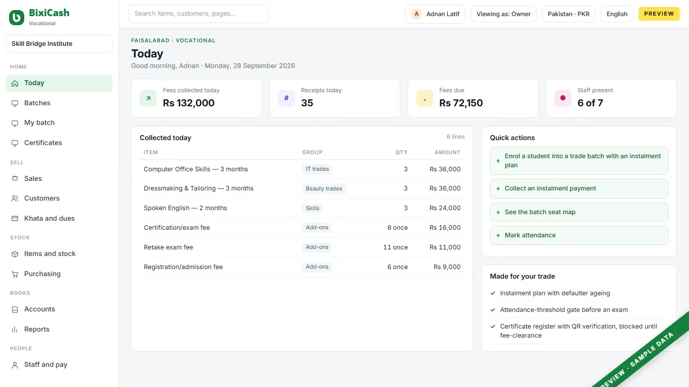 A preview of the vocational institute screen, with sample data