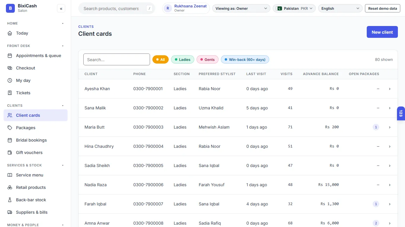 Client cards with visits, advances and packages